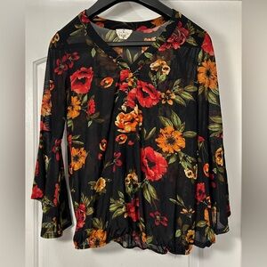🌺 Ember Black Sheer Floral Bell Sleeve Top – Size M